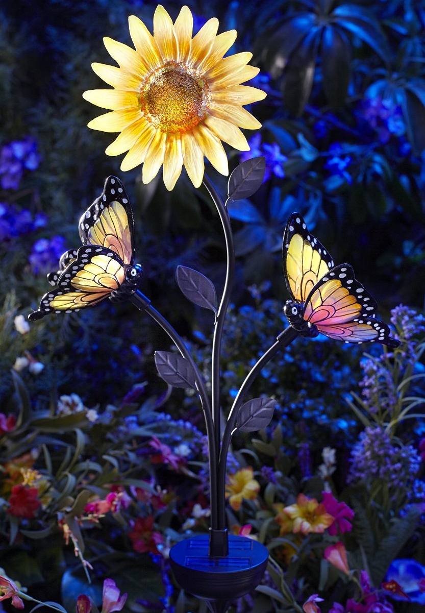 Solar-Powered Butterfly and Sunflower Garden Brighter White LED Stake Light | Fresh Garden Decor