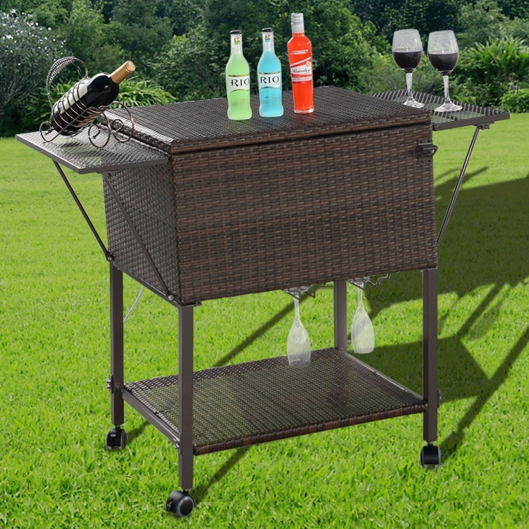 Portable Rattan Cooler Cart Trolley Outdoor Patio Pool Party Ice Drinks Brown