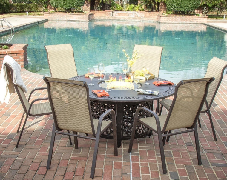 Madison Bay 7 Piece Sling Patio Dining Set With Fire Pit Table