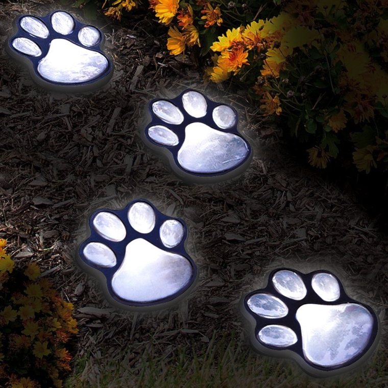 Set of 4 LED Solar Pet Paws Animal Prints Outdoor Lamp