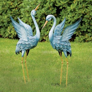 Japanese Blue Heron Metal Garden Sculpture Set