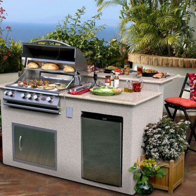 Outdoor Kitchen 4-Burner Barbecue Grill Island With Refrigerator