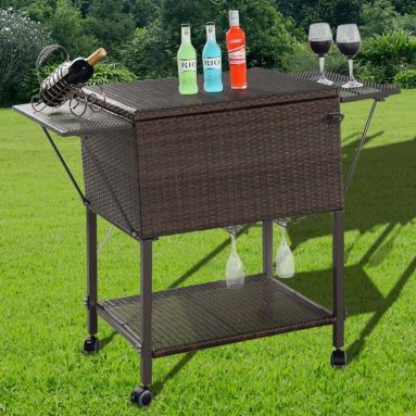 Portable Rattan Cooler Cart Trolley Outdoor Patio Pool Party Ice Drinks